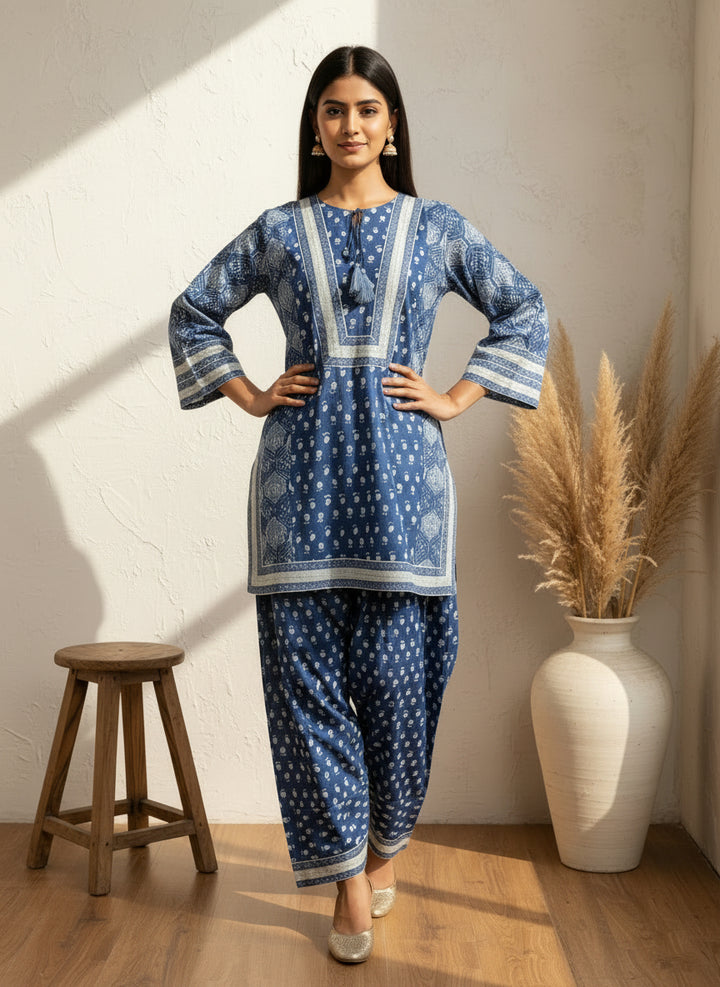 Blue printed farsi salwar co ord set
