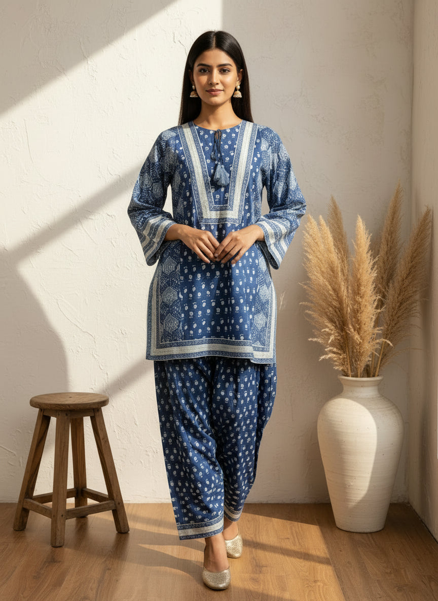 Blue printed farsi salwar co ord set