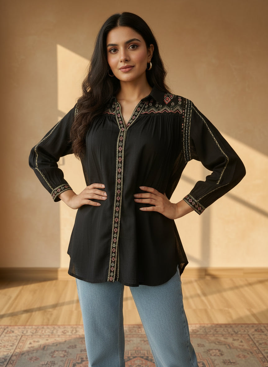 Black top Bohemian embroidery