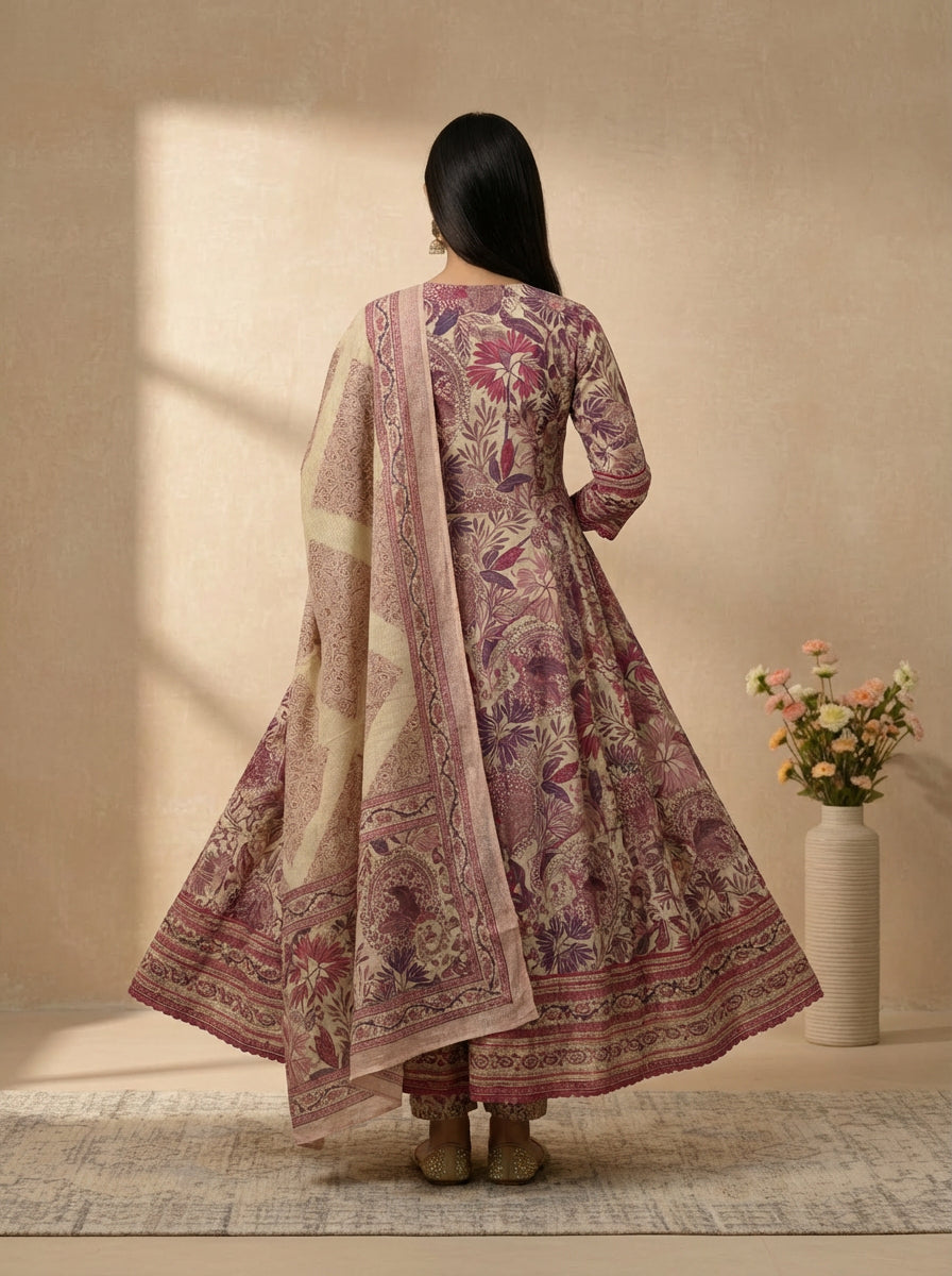 Pink and beige floral printed anarkali