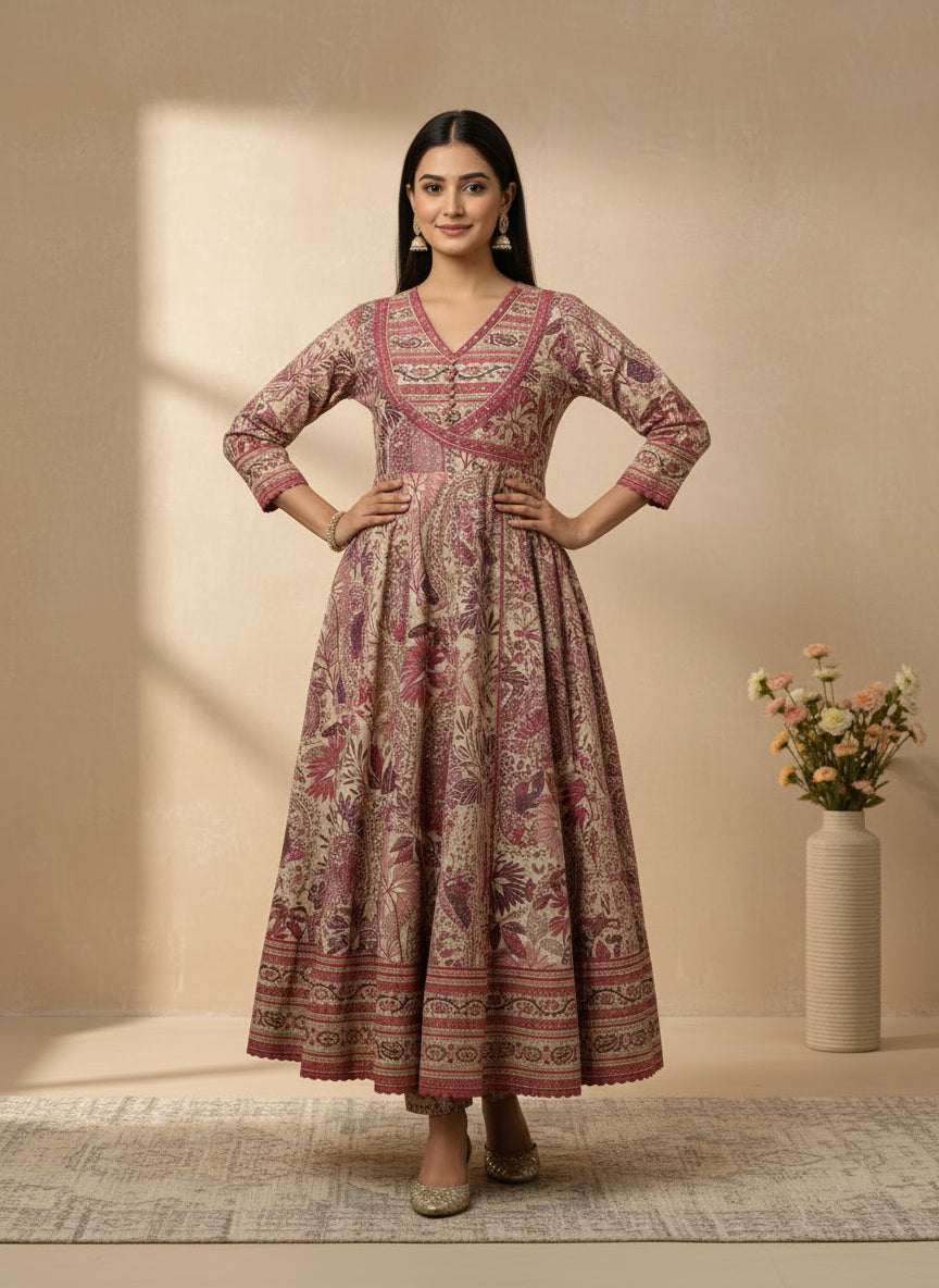 Pink and beige floral printed anarkali