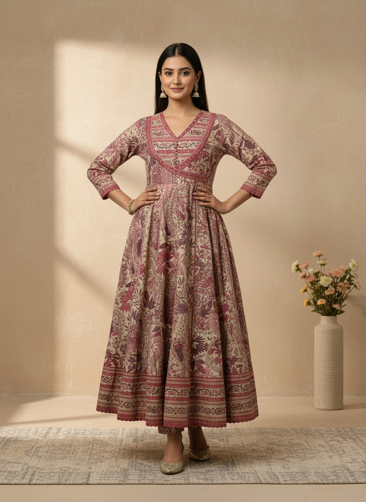 Pink and beige floral printed anarkali