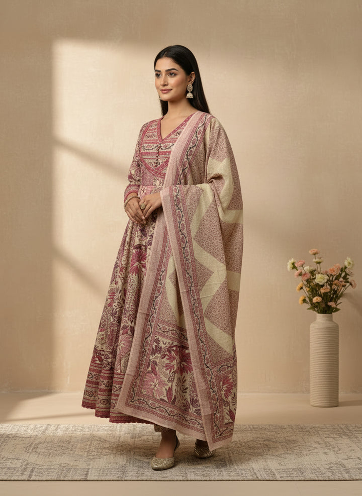 Pink and beige floral printed anarkali