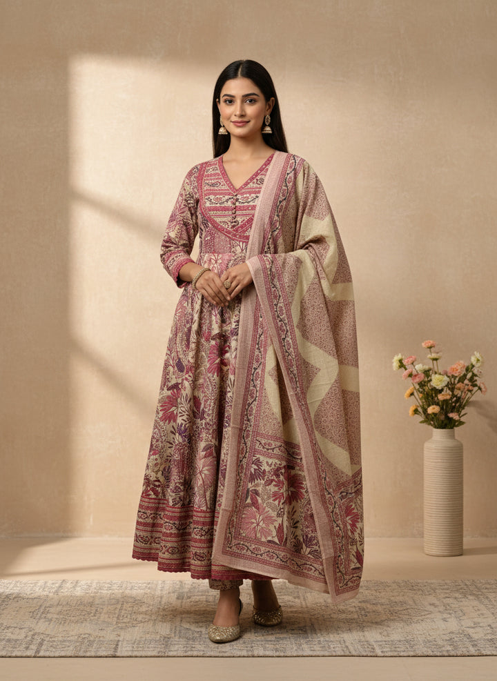 Pink and beige floral printed anarkali