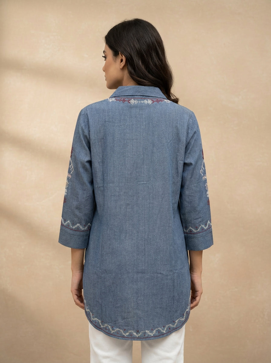 Cotton shirt geometric bohemian embroidery