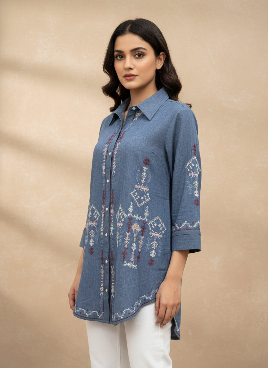 Cotton shirt geometric bohemian embroidery