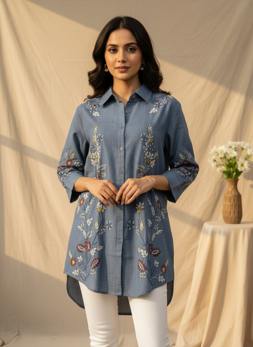 Cotton shirt floral bohemian embroidery