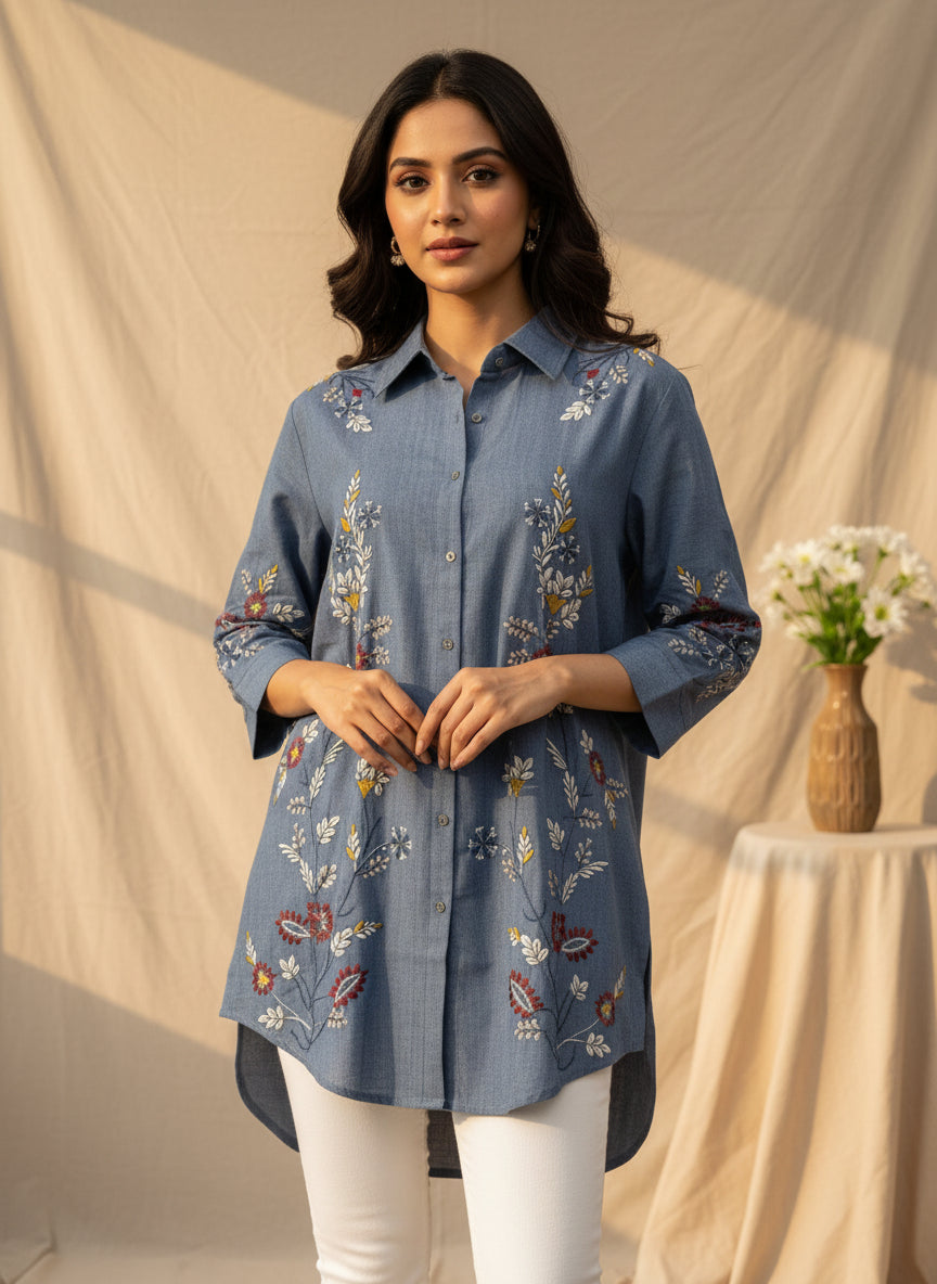 Cotton shirt floral bohemian embroidery