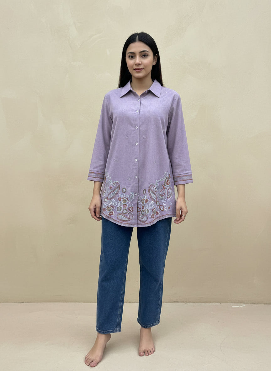 Pink cotton shirt bohemian embroidery