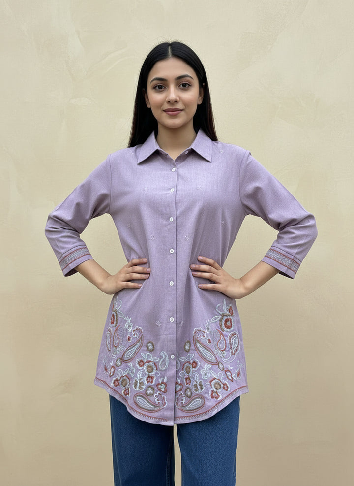 Pink cotton shirt bohemian embroidery