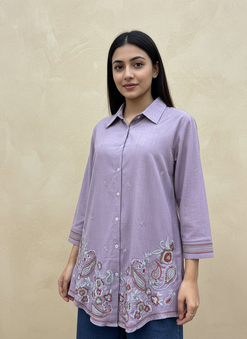 Pink cotton shirt bohemian embroidery