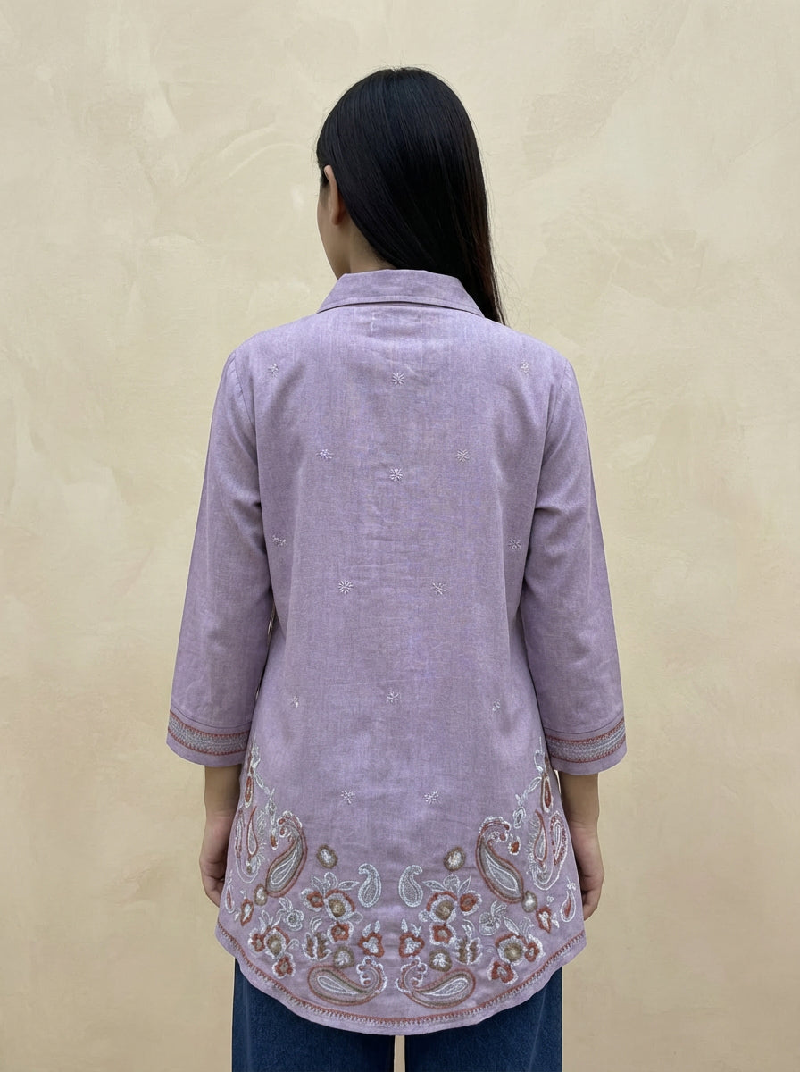 Pink cotton shirt bohemian embroidery