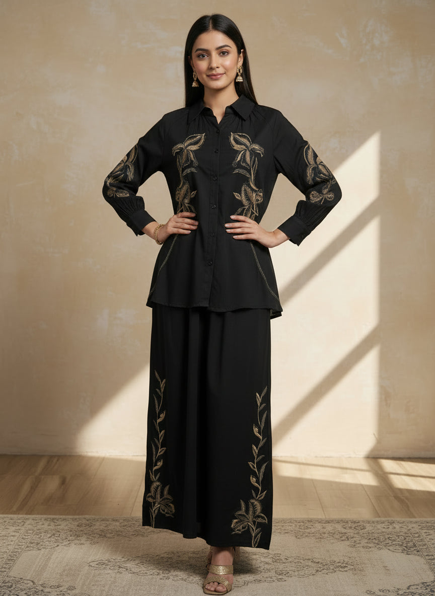 Black floral embroidered Co ord set