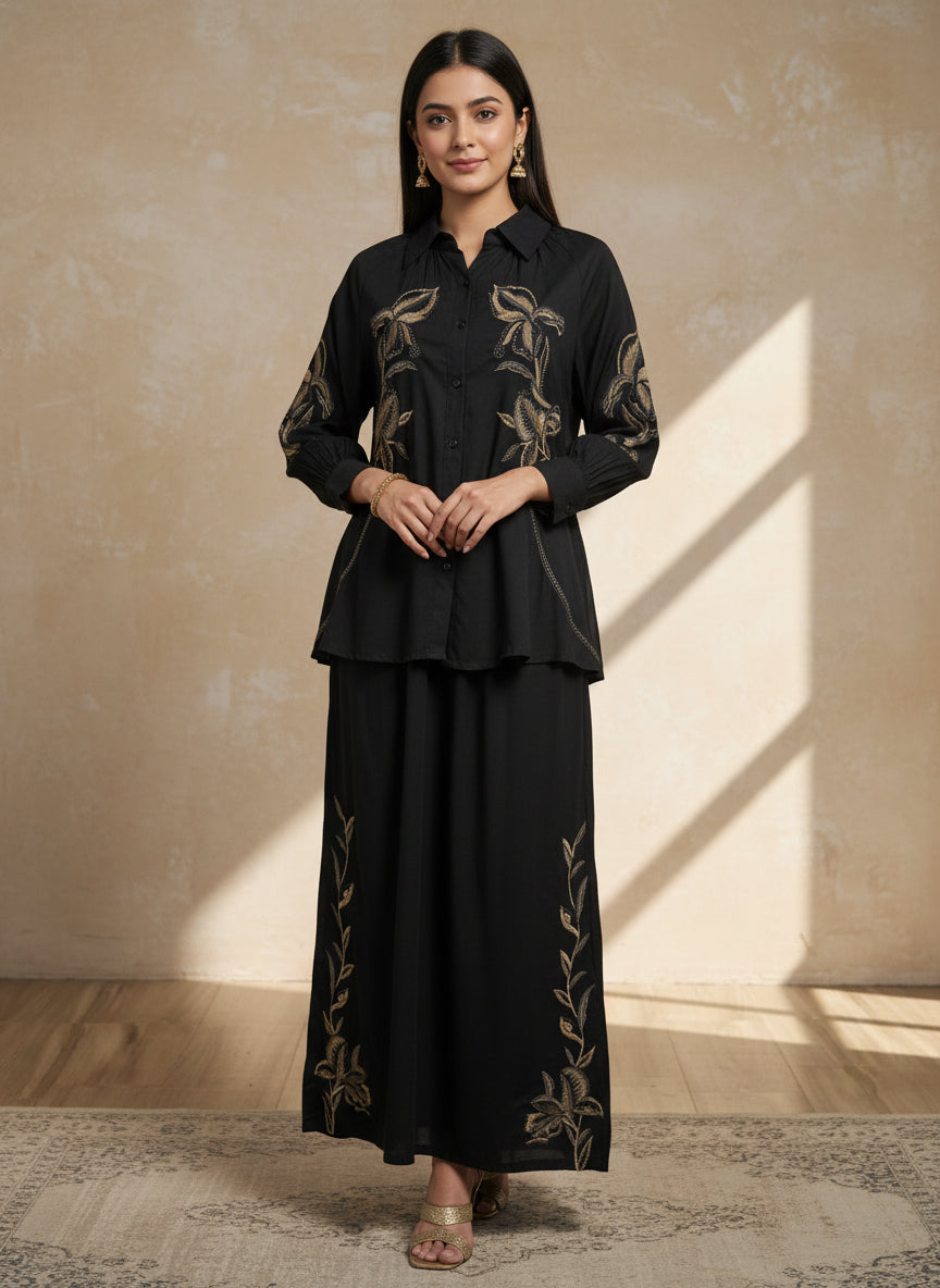 Black floral embroidered Co ord set