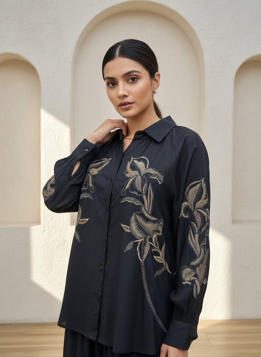 Black floral embroidered Co ord set