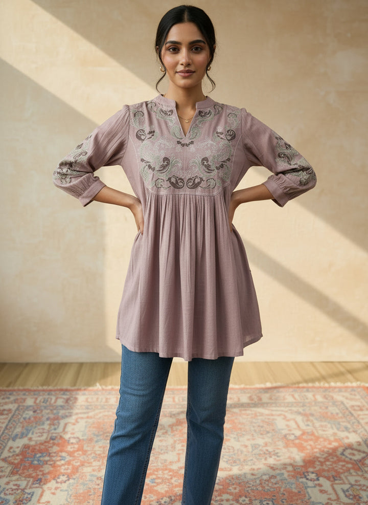 Onion pink top Bohemian embroidery