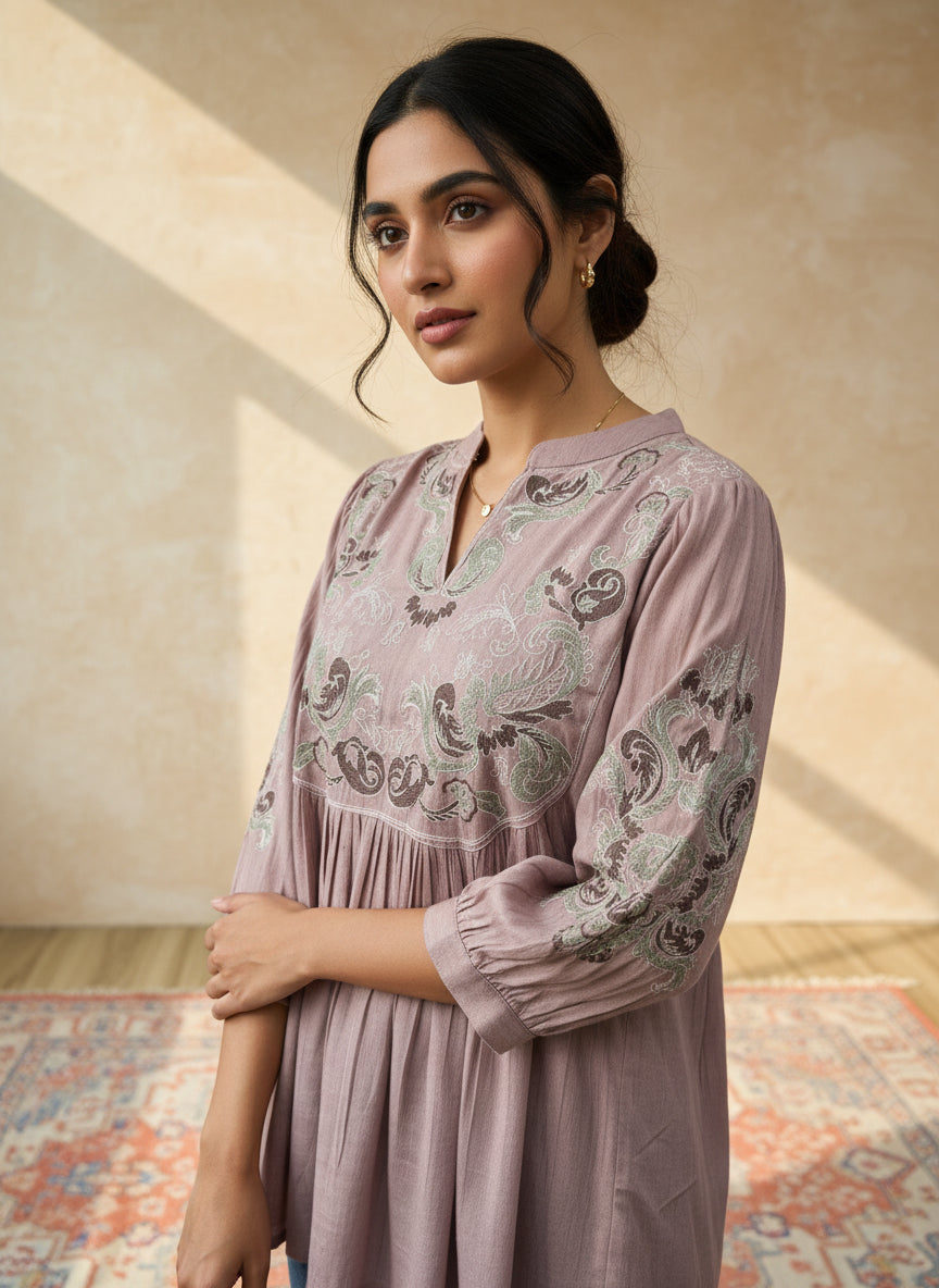 Onion pink top Bohemian embroidery