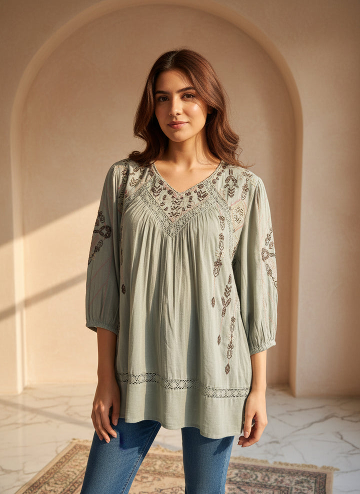 Mint green top Bohemian embroidery