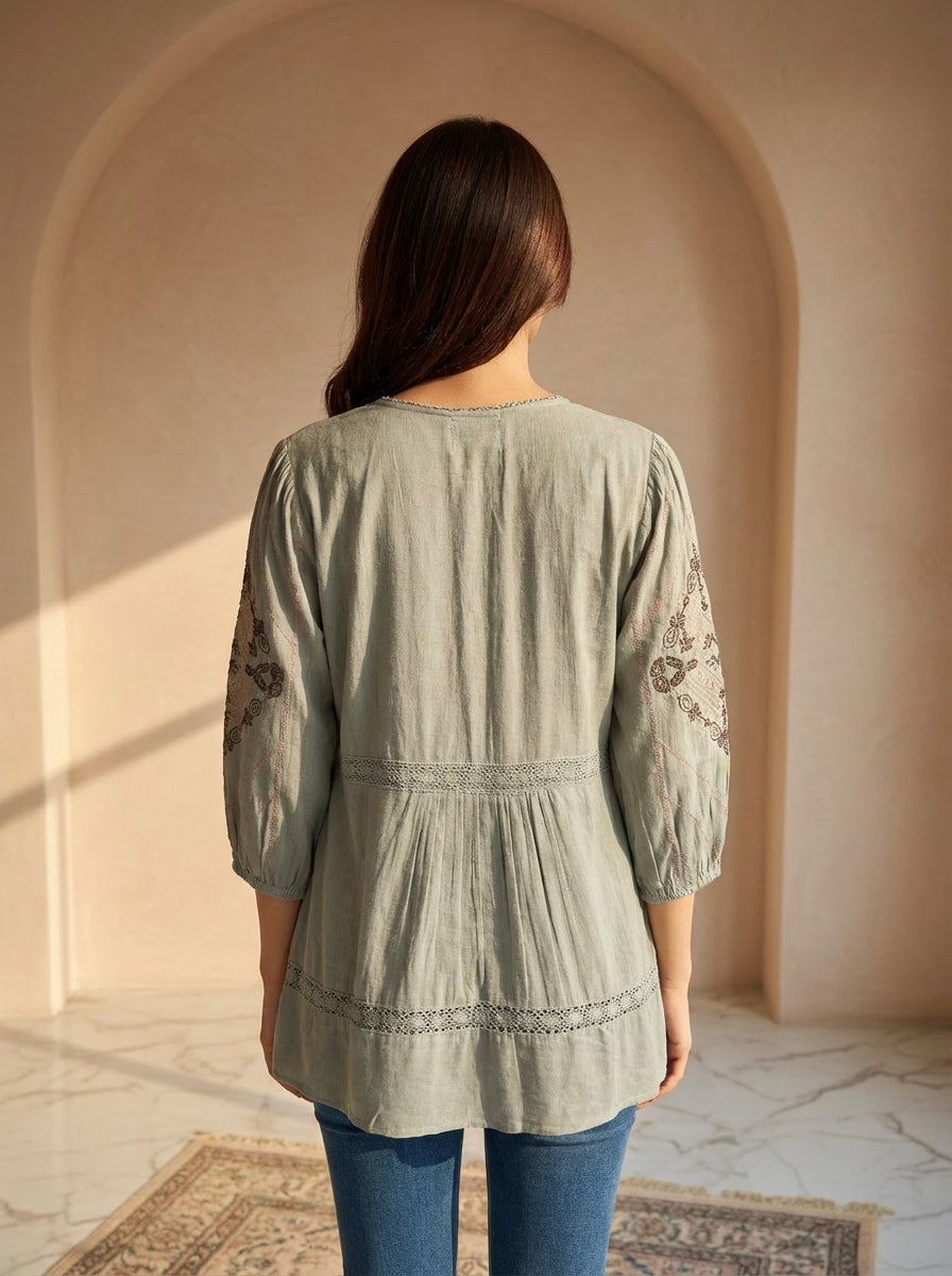 Mint green top Bohemian embroidery