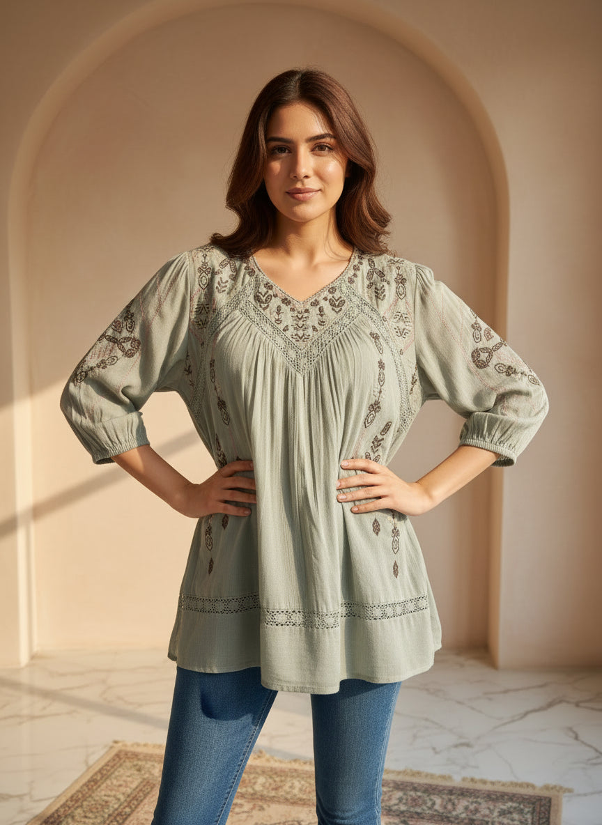 Mint green top Bohemian embroidery