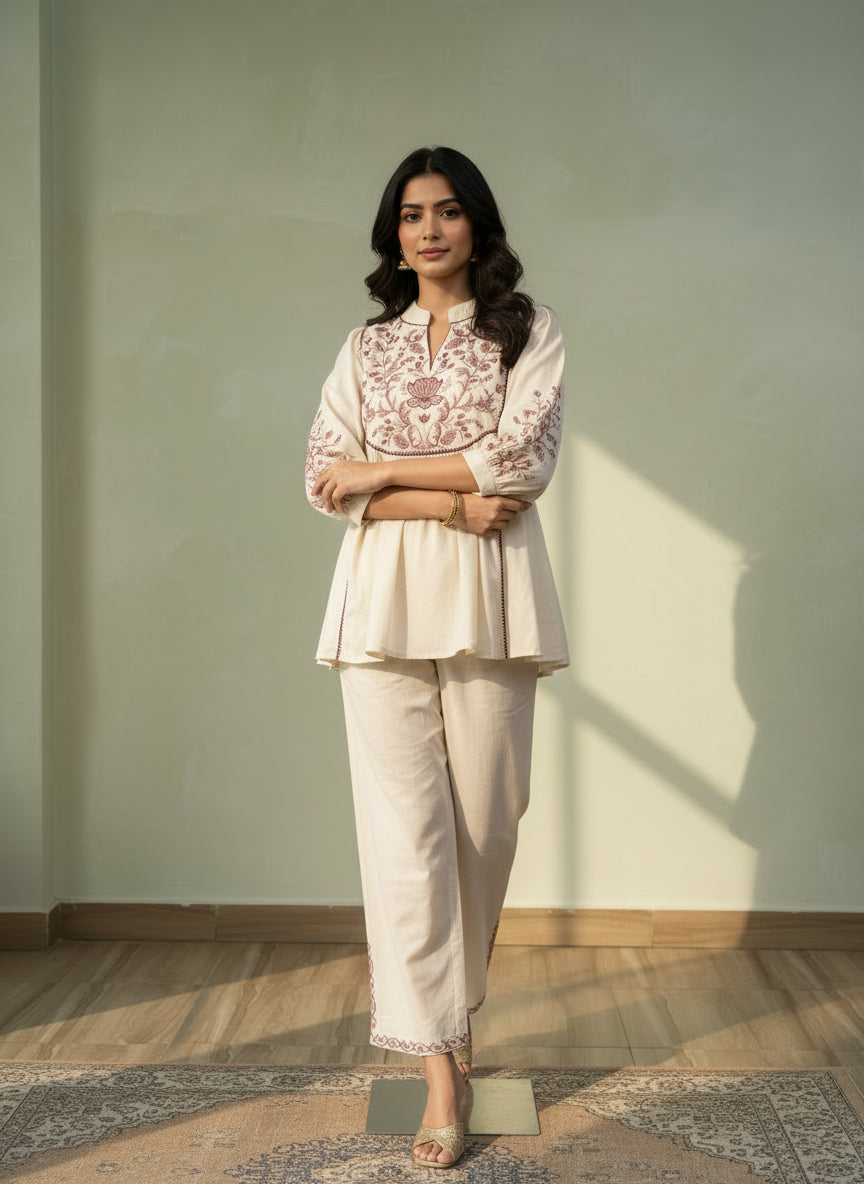 Beige co ord set Bohemian embroidery