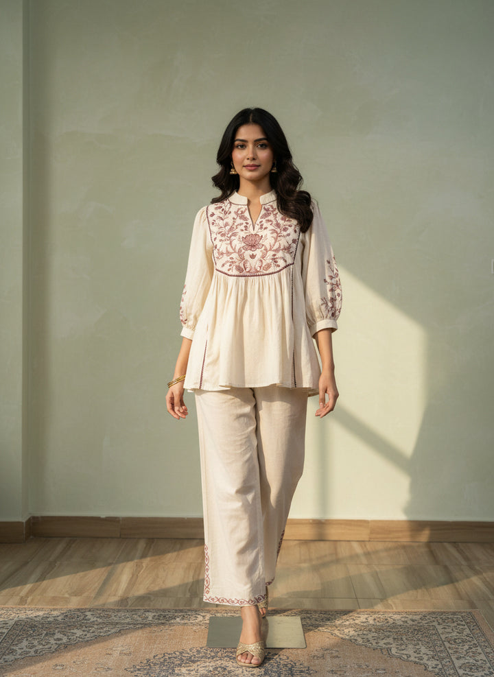 Beige co ord set Bohemian embroidery