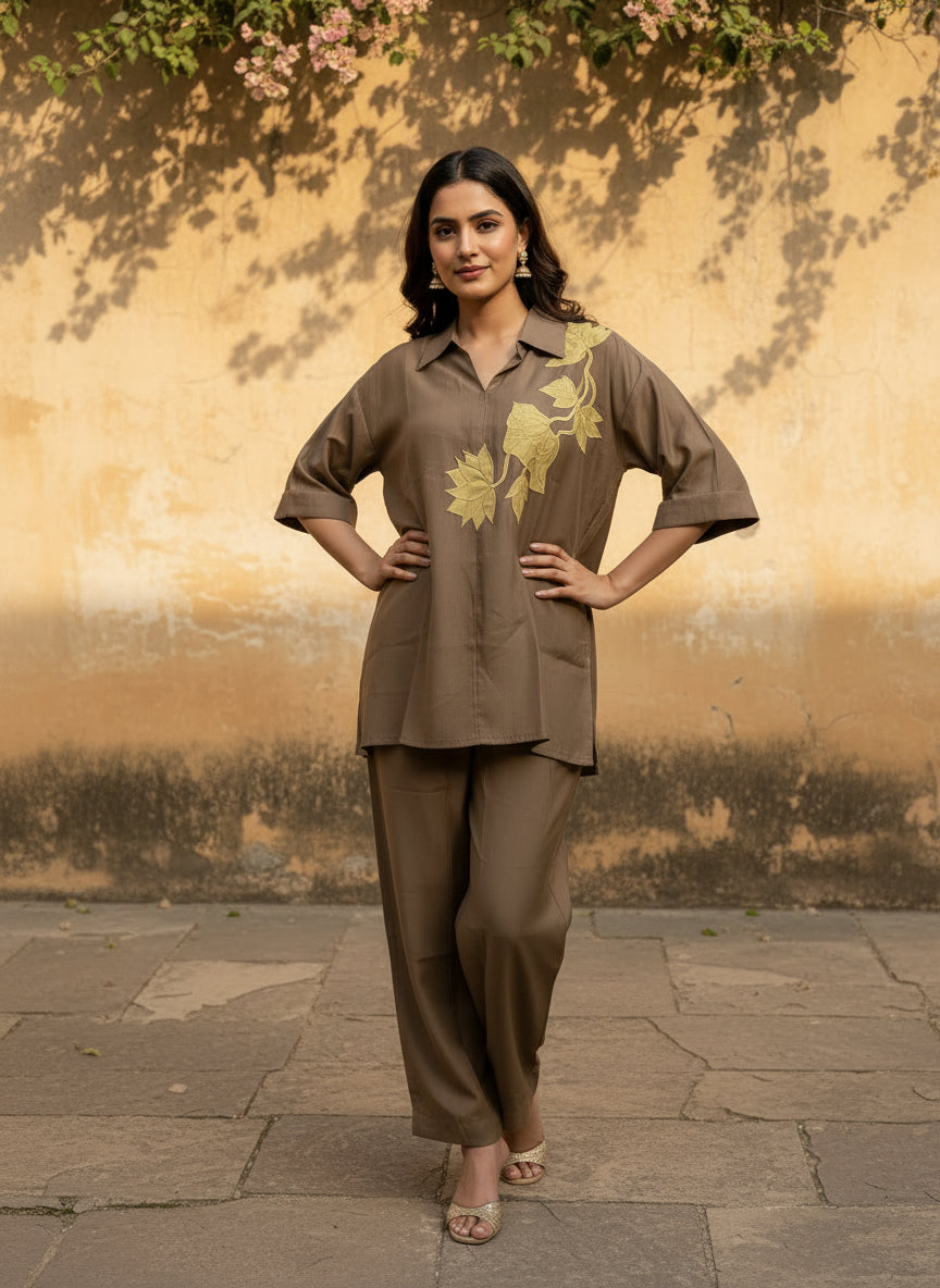 Brown and yellow Aplic co ord set