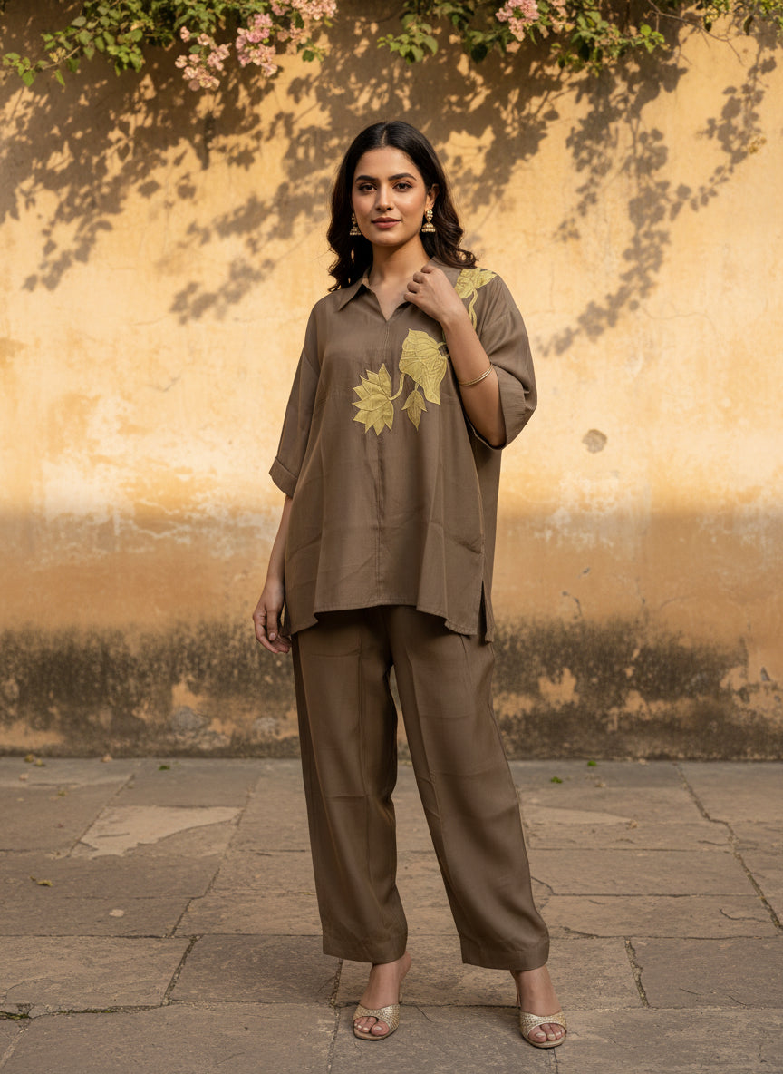 Brown and yellow Aplic co ord set