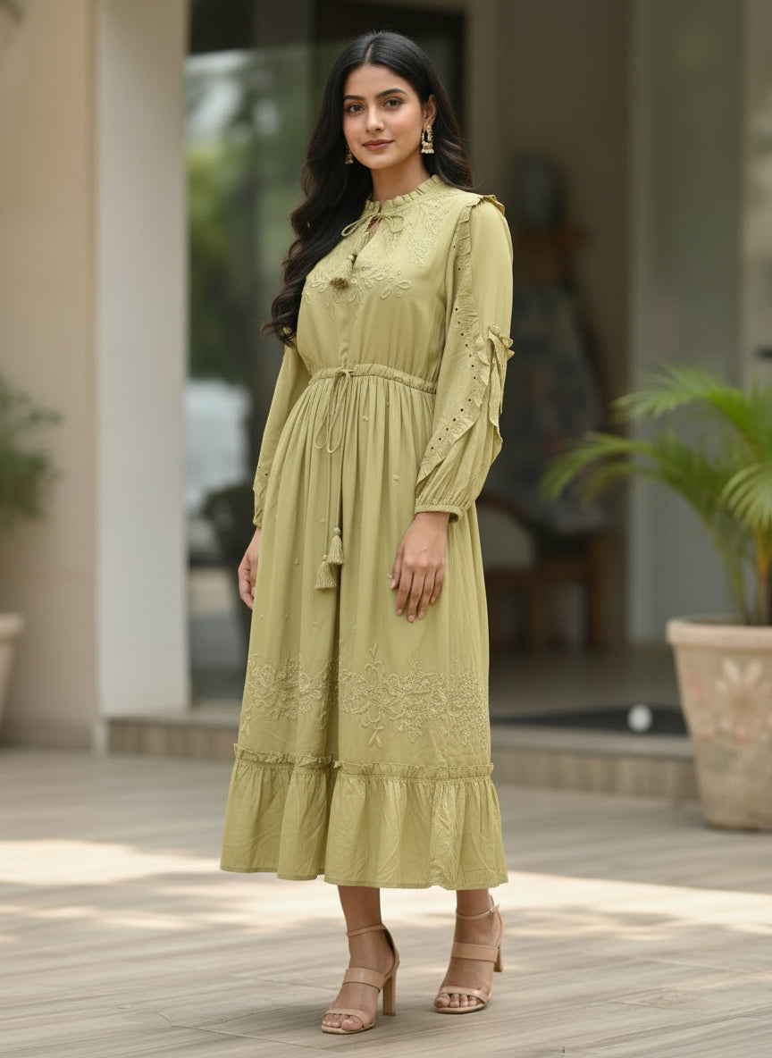 Yellow one piece dress bohemian embroidery
