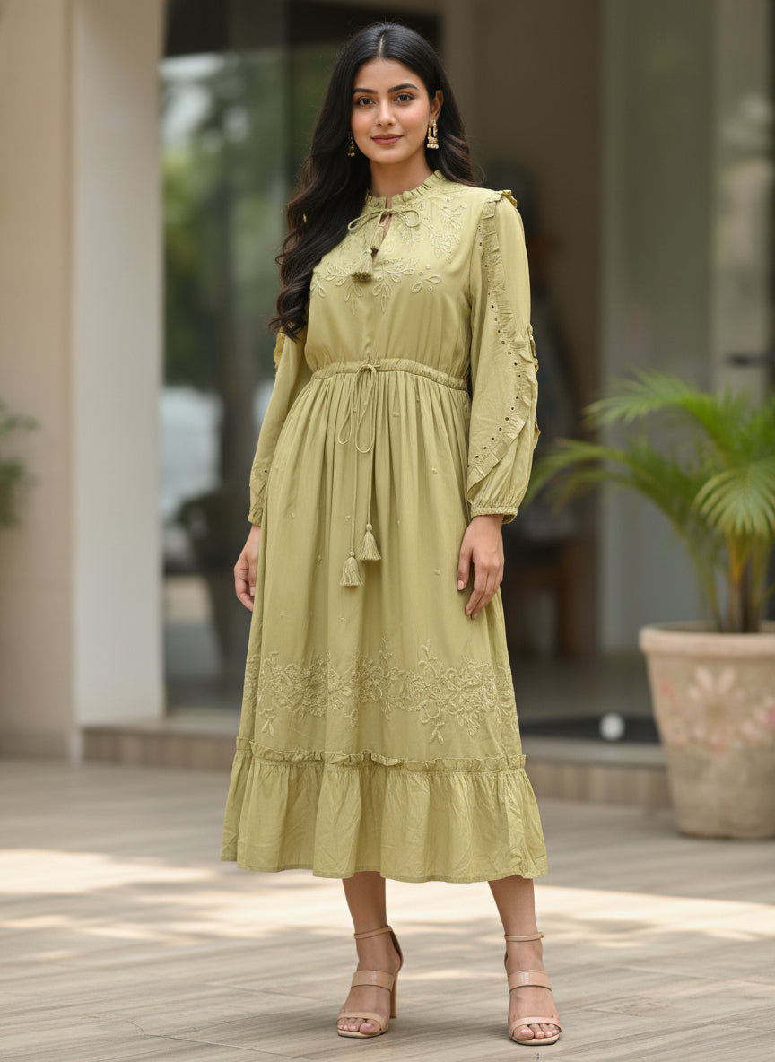 Yellow one piece dress bohemian embroidery