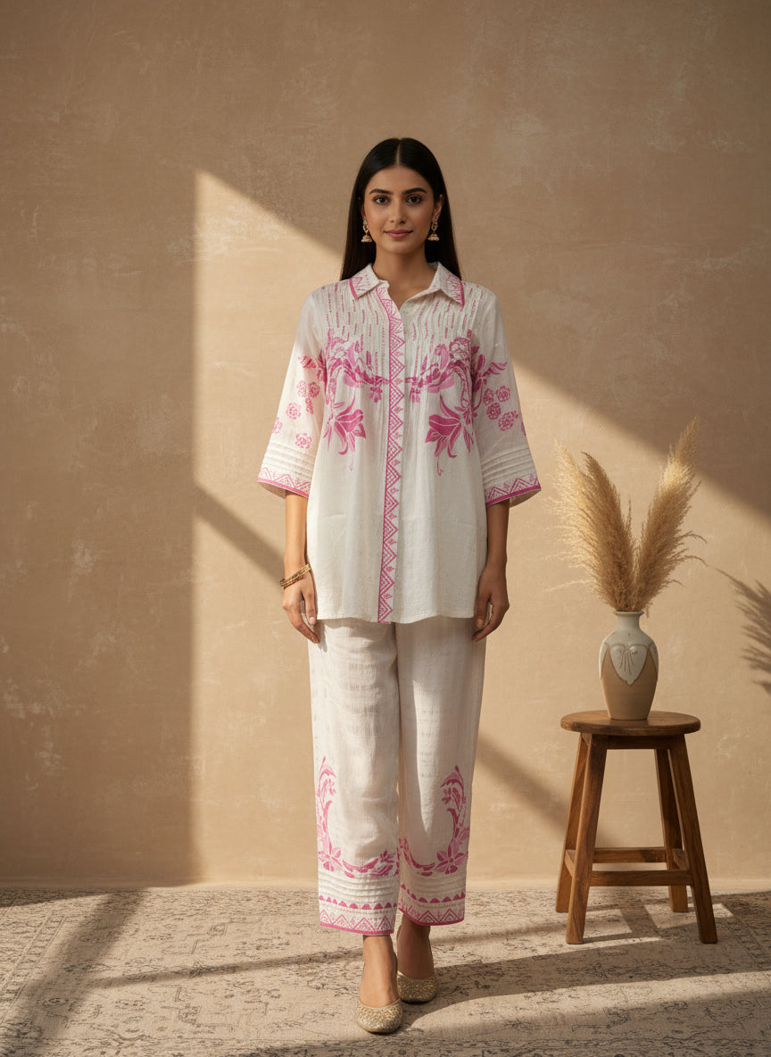 White and pink printed Co ord set