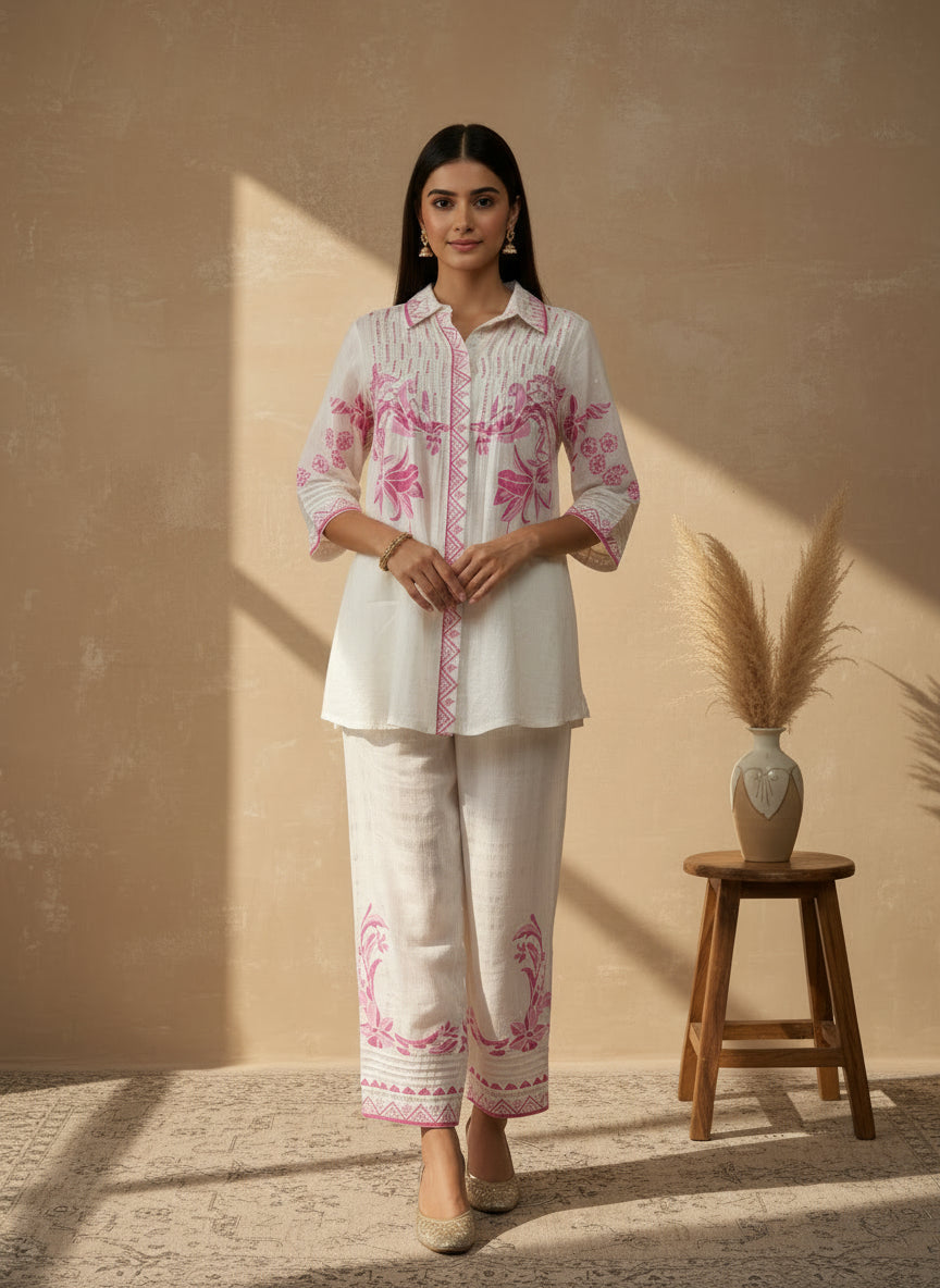 White and pink printed Co ord set