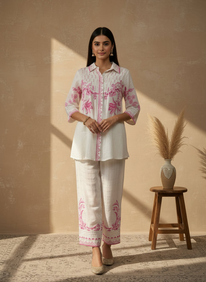 White and pink printed Co ord set