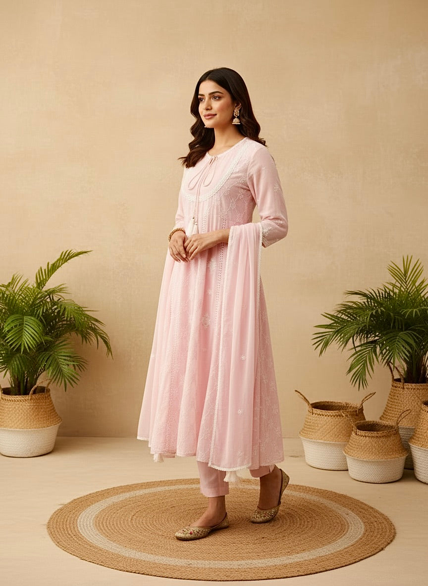 Pink mul mul chikankari anarkali short