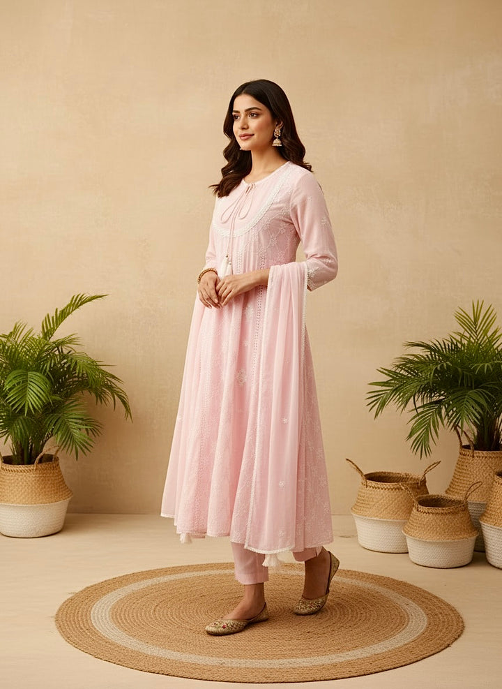 Pink mul mul chikankari anarkali short