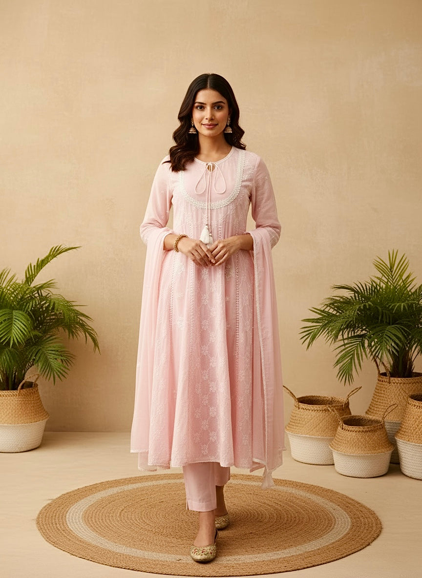 Pink mul mul chikankari anarkali short