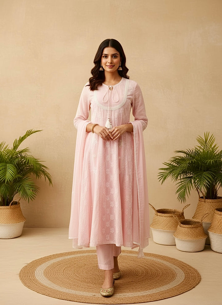 Pink mul mul chikankari anarkali short