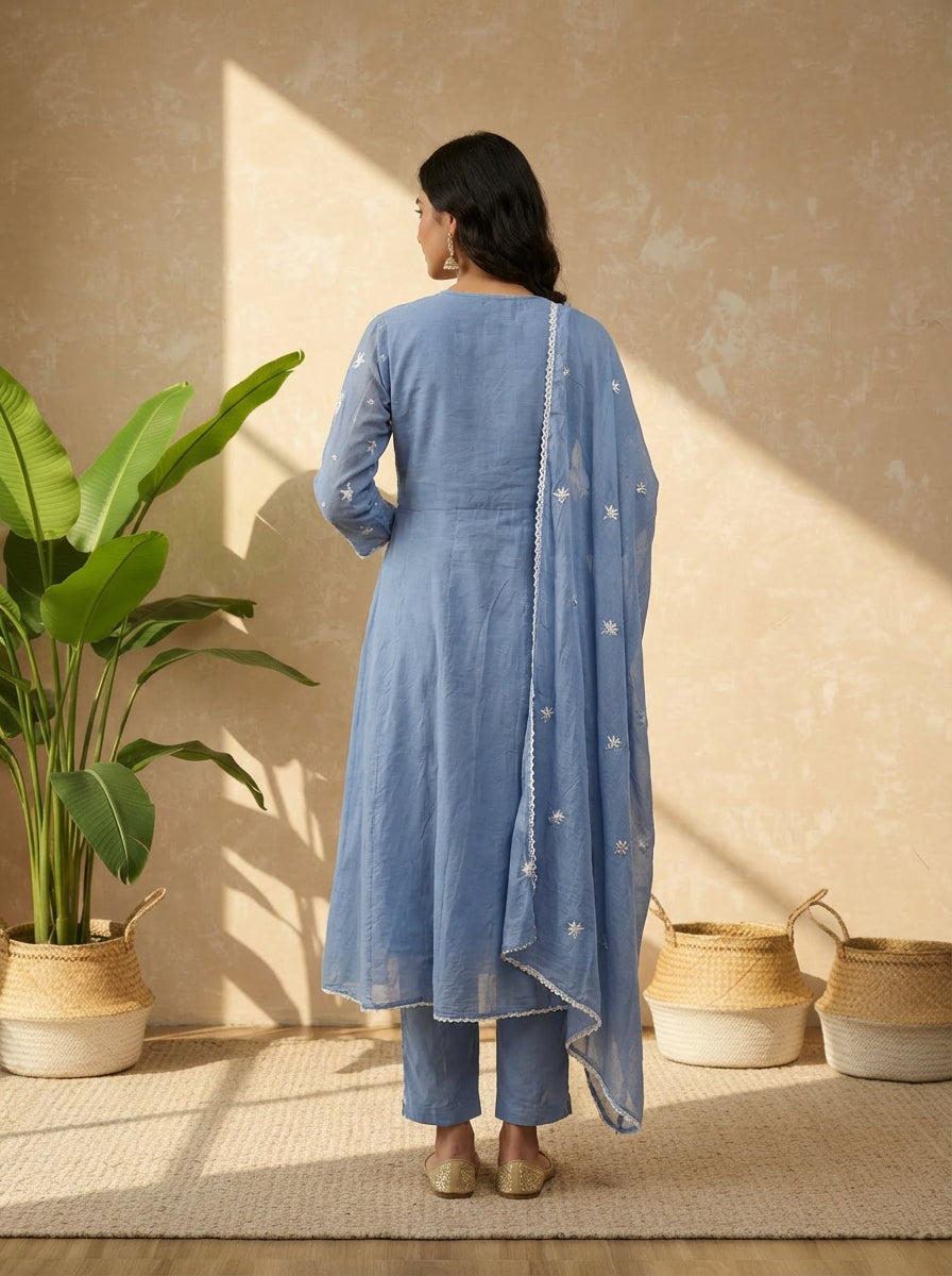 Blue mul mul chikankari anarkali short