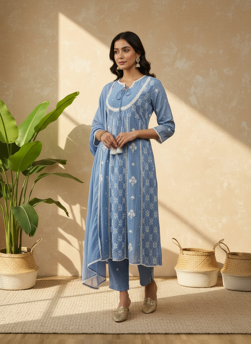 Blue mul mul chikankari anarkali short
