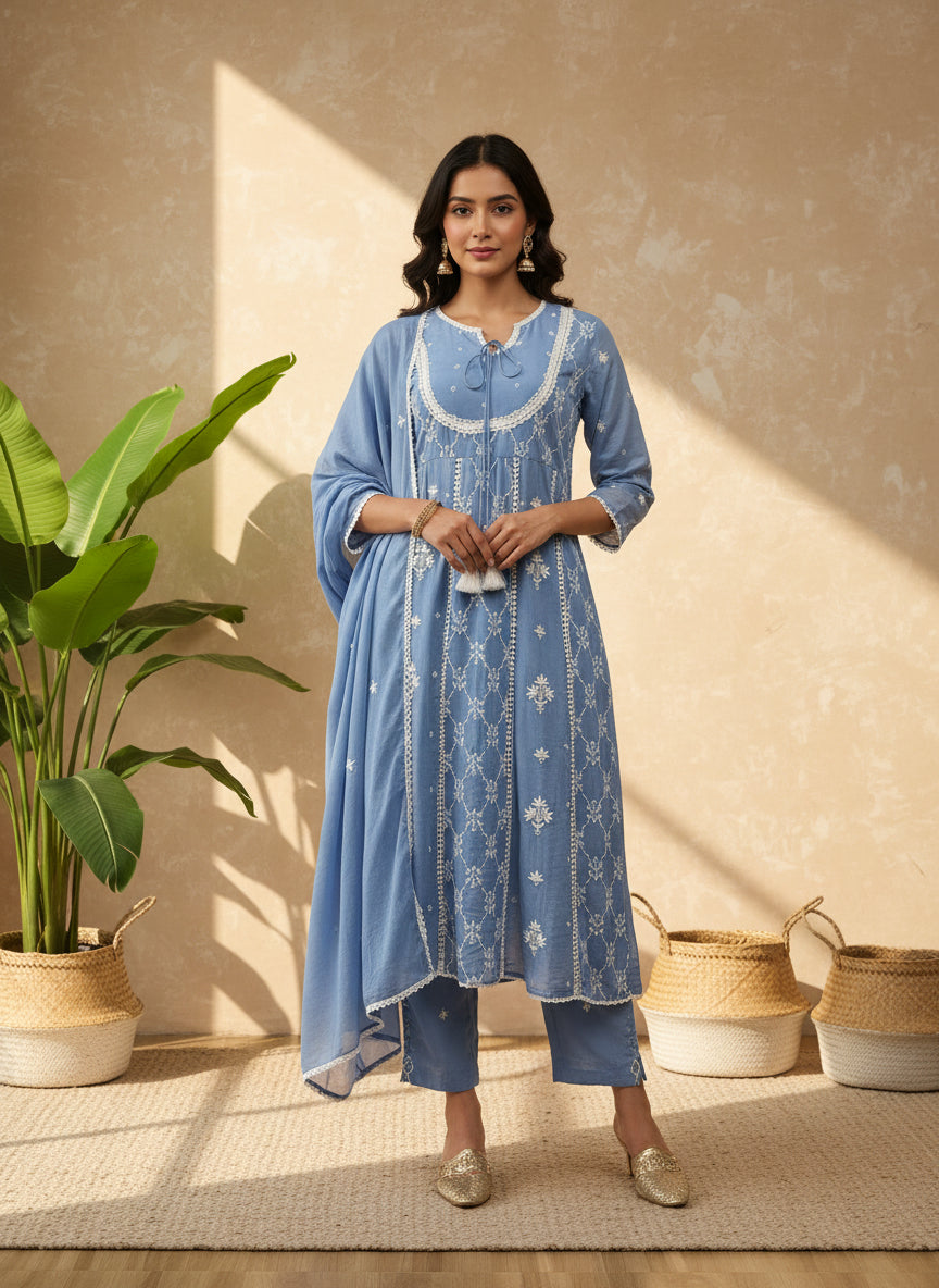 Blue mul mul chikankari anarkali short
