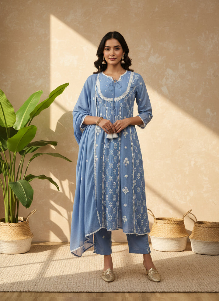 Blue mul mul chikankari anarkali short