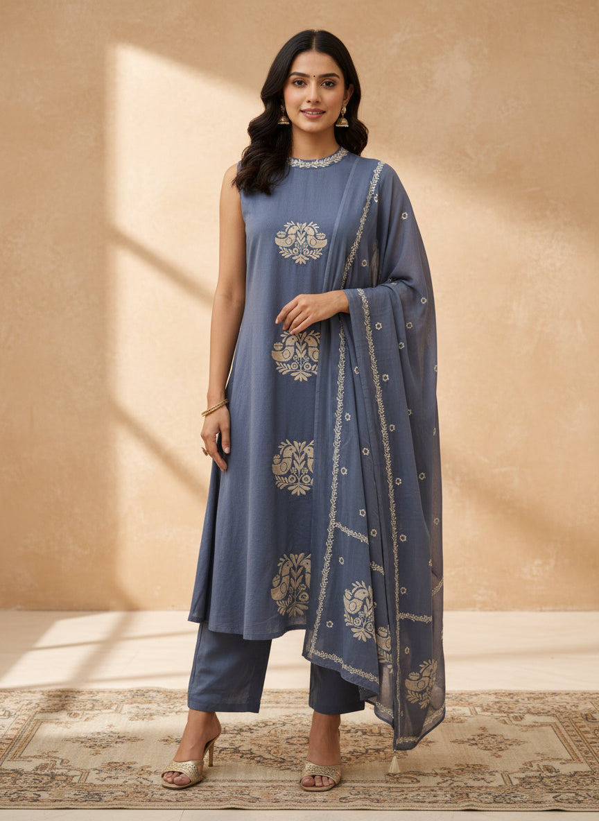 Blue cut sleeves dupatta set