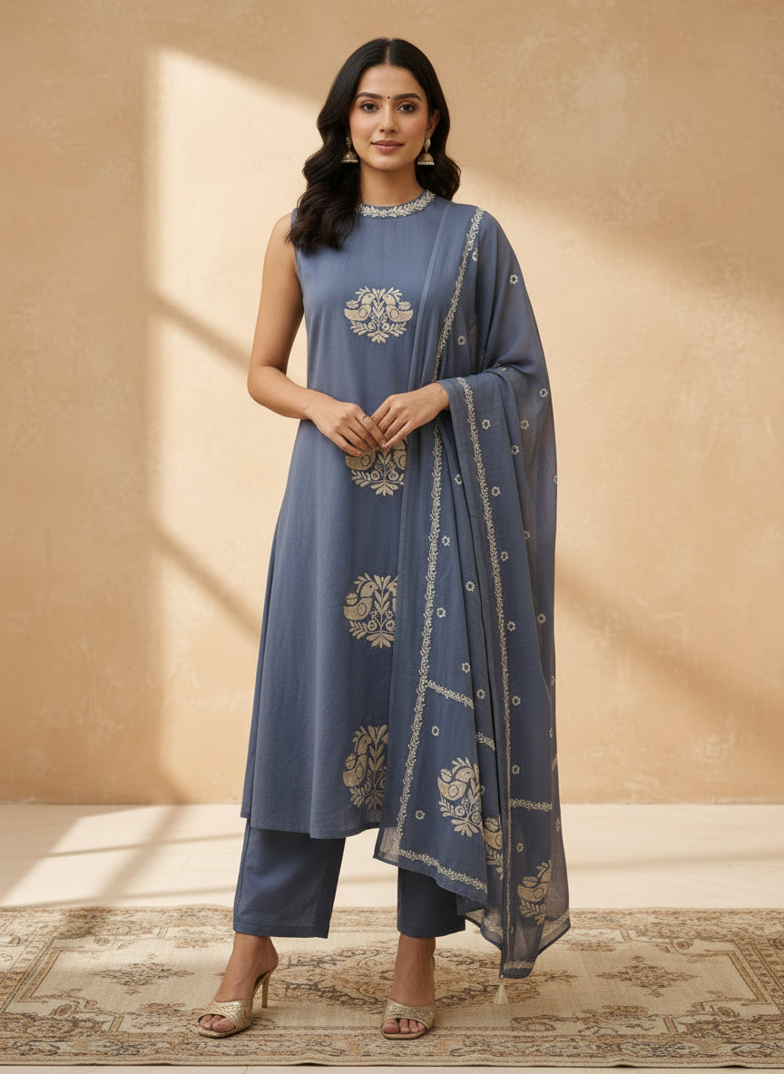Blue cut sleeves dupatta set