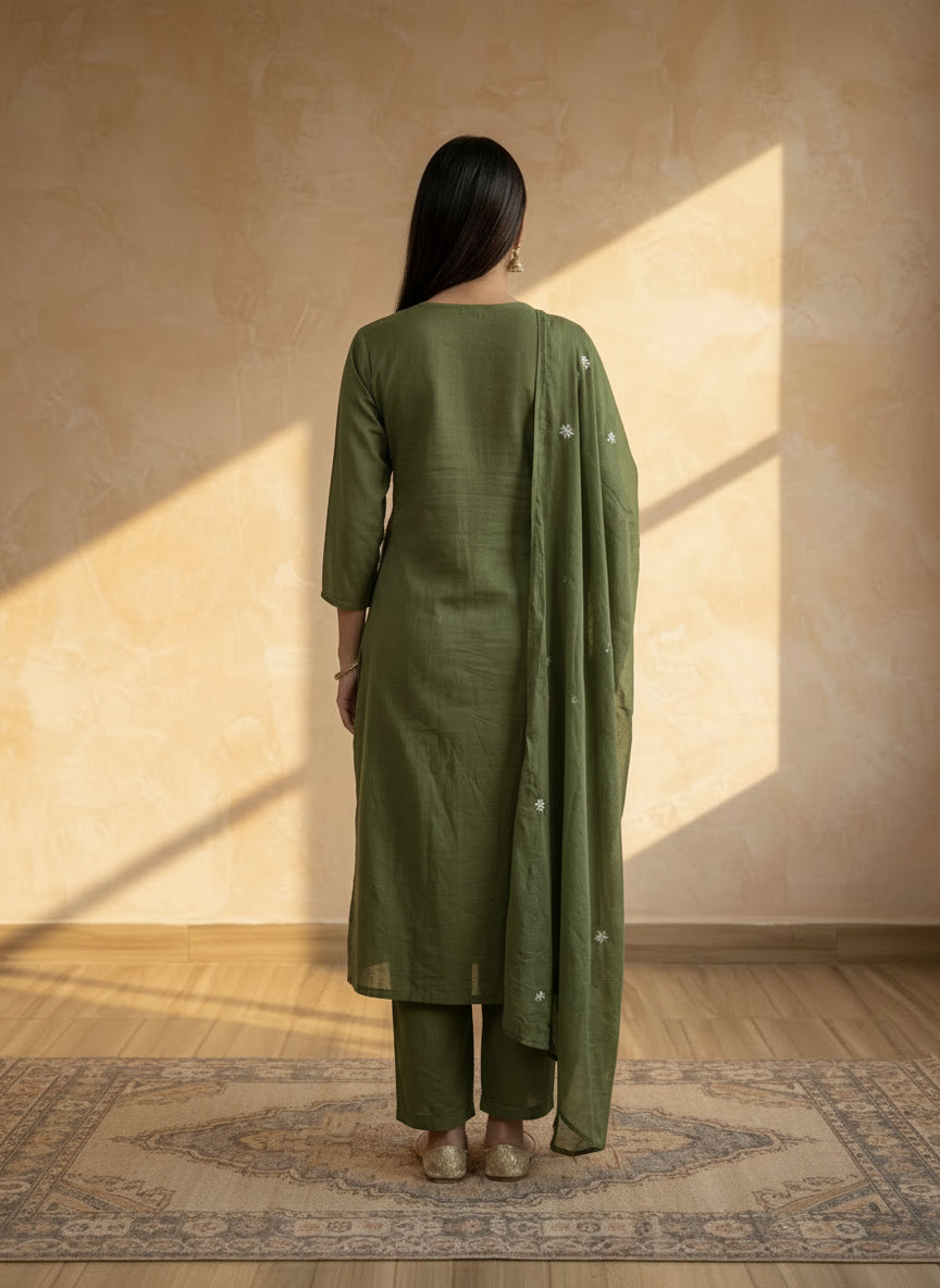 Green A-line chikankari dupatta set