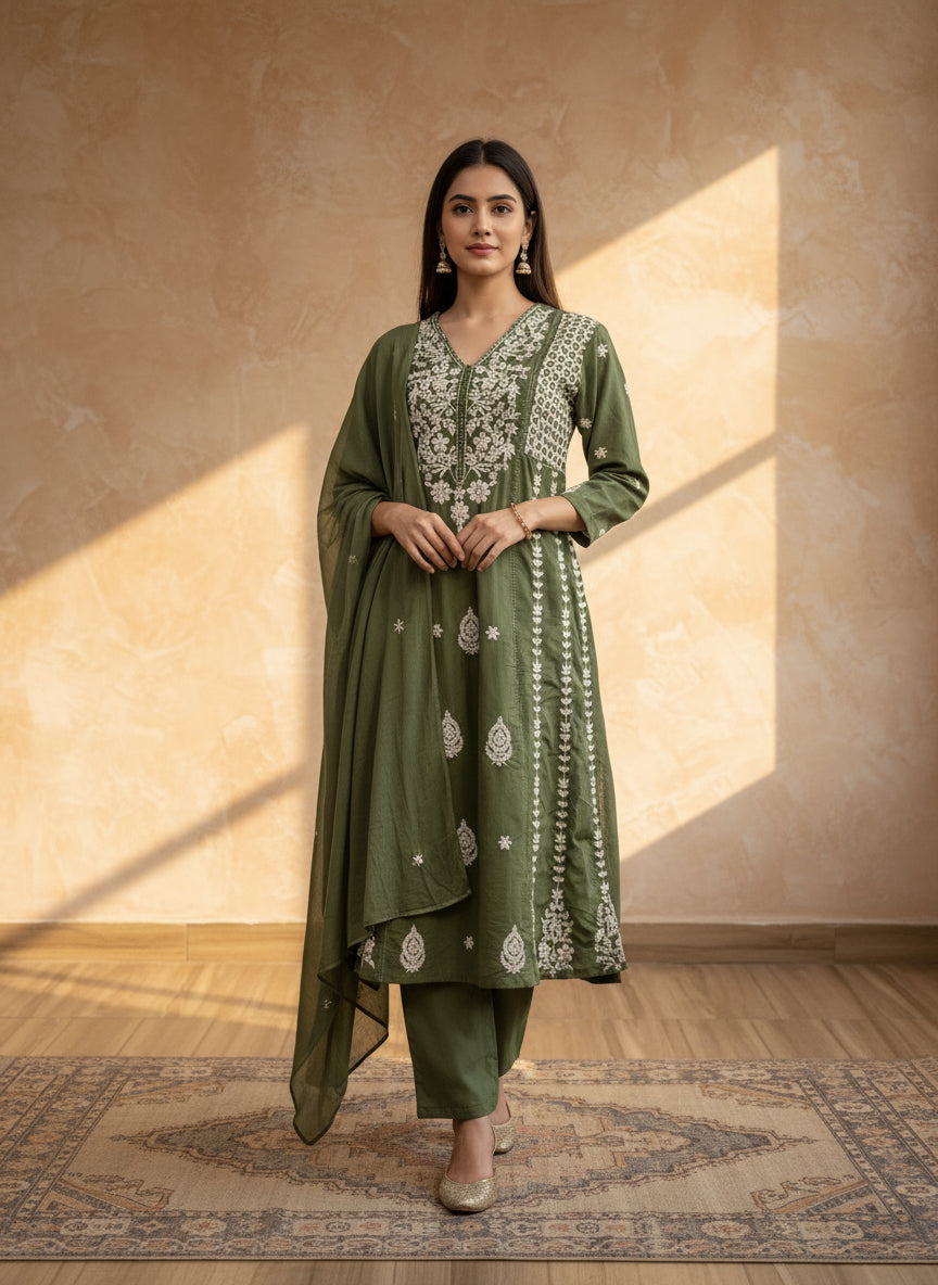 Green A-line chikankari dupatta set