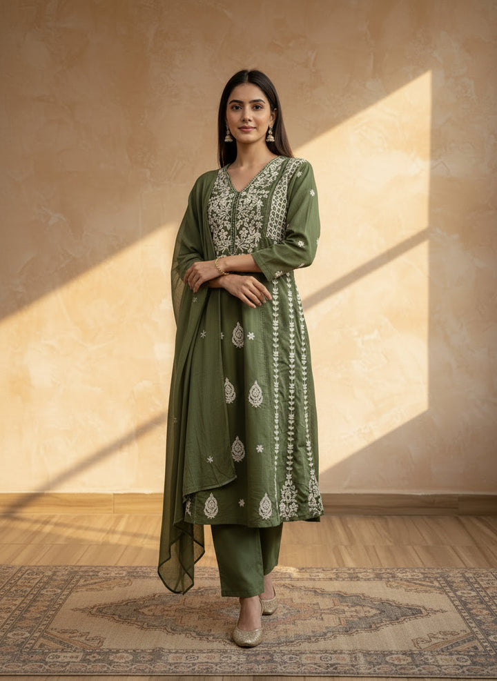 Green A-line chikankari dupatta set