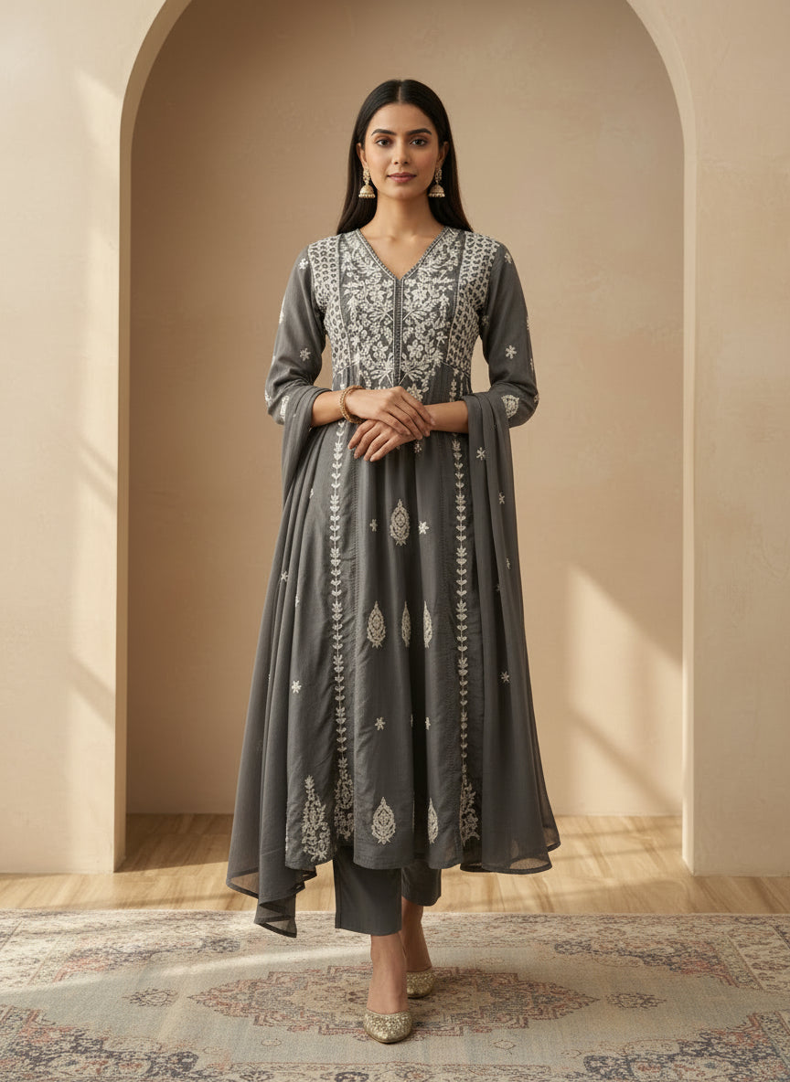 Grey A-line chikankari dupatta set