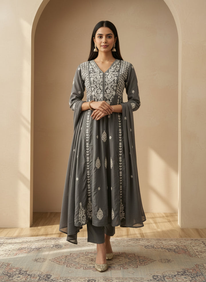 Grey A-line chikankari dupatta set