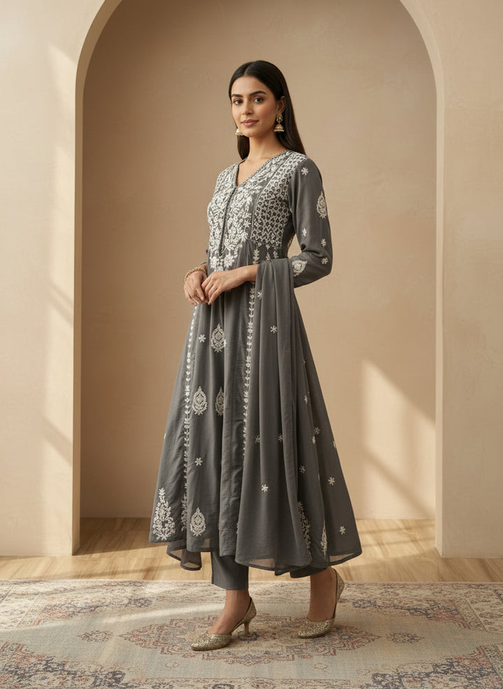 Grey A-line chikankari dupatta set