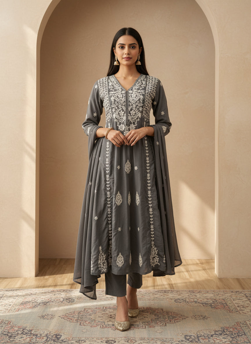 Grey A-line chikankari dupatta set